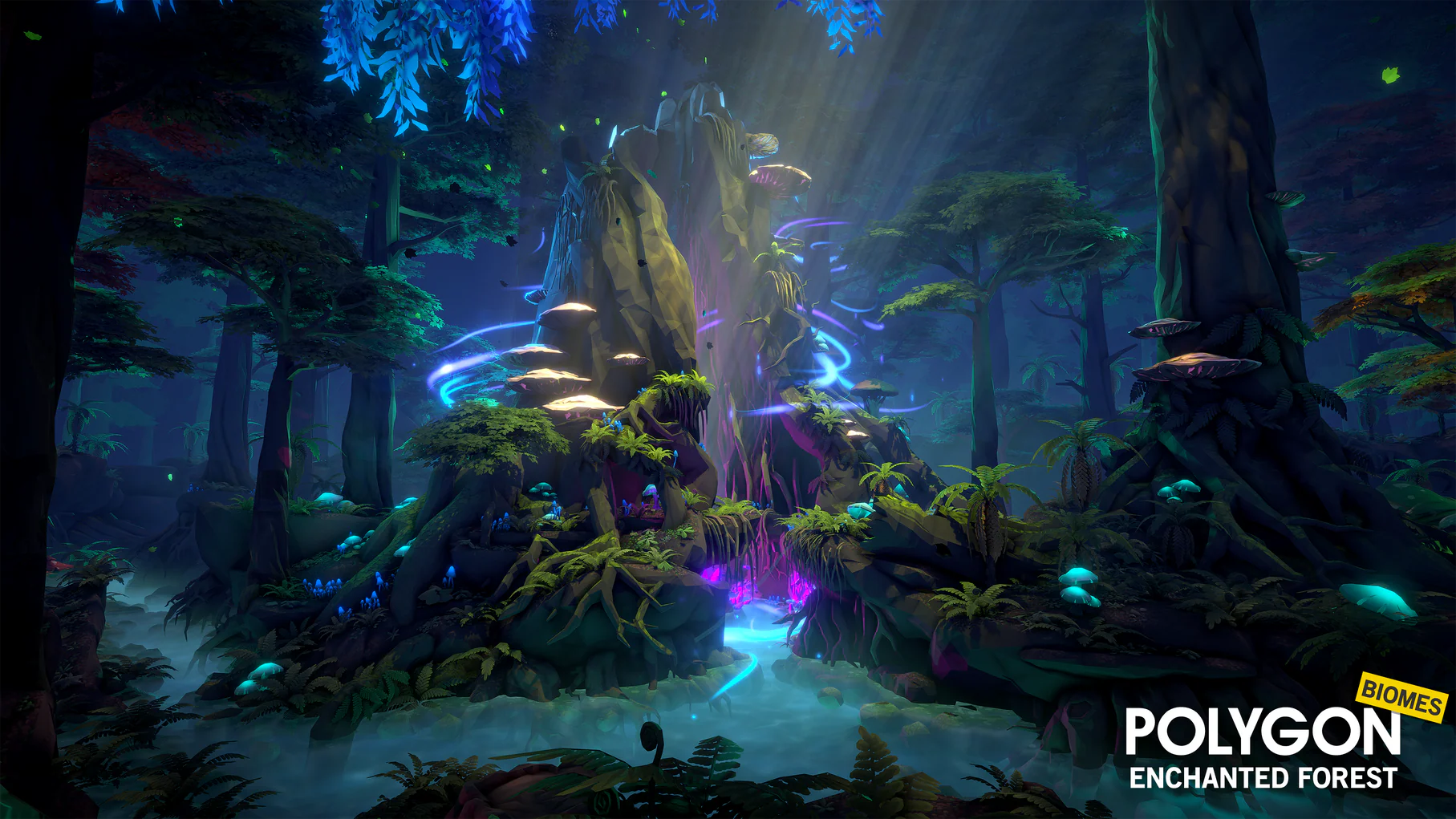 Lush meadow forest biome in Shrines of Mythora with glowing shrine in the distance