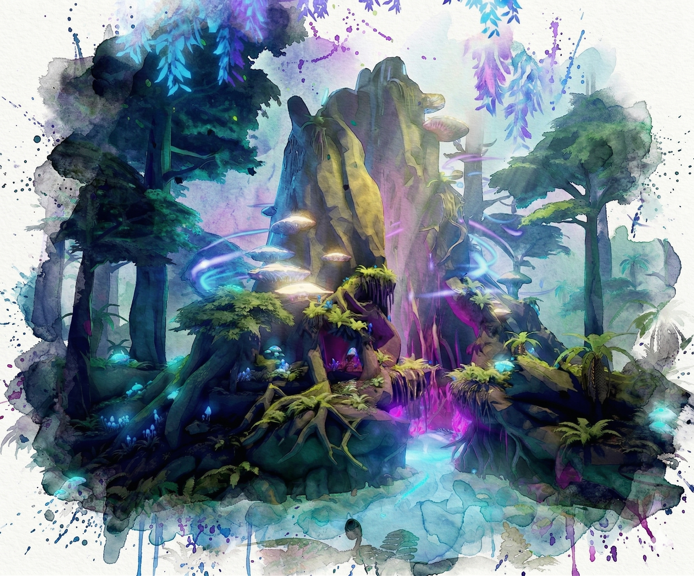 Lush meadow forest biome in Shrines of Mythora with glowing shrine in the distance